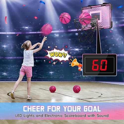 Indoor Basketball Hoop with Electronic Scoreboard and LED Light, Pink Over The Door Basketball Toy, for Kids Aged 4, 5, 6, 7, 8+Years Old thumbnail 3
