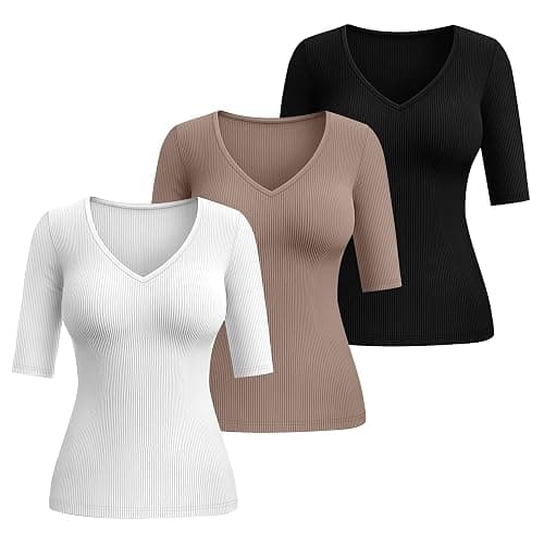 Riyiper 3 Pack Women's Half Sleeve Top Elbow Length Ribbed Cotton T Shirt Women V Neck Summer Tee Slim Fit Casual Blouses thumbnail 4