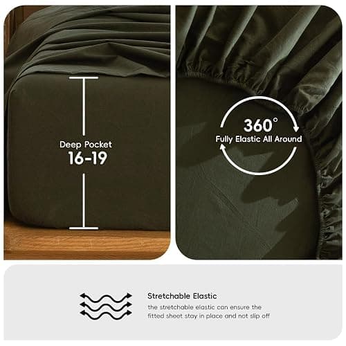 MooMee Bedding Sheet Set 100% Washed Cotton Linen Like Textured Breathable Durable Soft Comfy (Solid Olive Green, Queen) thumbnail 6