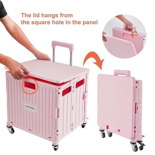 MACOPRO Folding Utility Cart Portable Rolling Crate Handcart Shopping Trolley Collapsible Tool Box, with Lid, Basket on 4 Rotate Wheels, for Grocery, Shopping, Office, Teacher (Pink) thumbnail 9