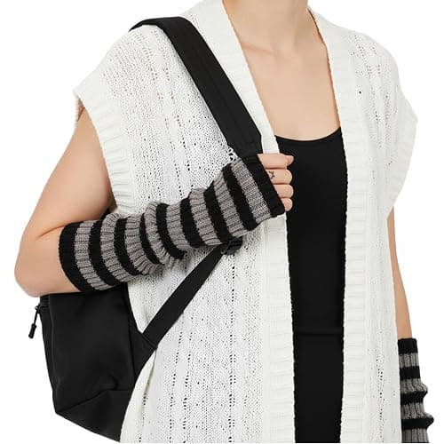 LIQWEI Arm Warmers, Y2k Striped Arm Warmers, Long Fingerless Knitted Gloves Alt Clothes Accessories, Cool Winter Arms Sleeves Scene Clothes thumbnail 3