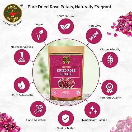 Spice Magic Dried Rose Petals | 100% Natural & Edible Rose Petals I Perfect for Herbal Teas, Desserts, Cupcake Toppings, Crafts and Decoration | Net Wt 2oz (57g) thumbnail 2