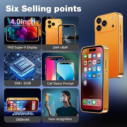 Pdfbenli Mini Phone for Kids,Unlocked Kid Phone,4.0 inch HD Touch Screen,3GB+32GB,4G,Dual SIM,Face ID,Android 10.0,GPS,Kids Smart Phone (Orange) thumbnail 2