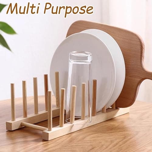 YUNYU Wooden Plate Rack Organiser - 6 Slot Dish Drainer & Storage Holder for Kitchen/Bedroom/Study | Fits Chopping Boards/Cups/Books/Pot Lids/Baking Trays (Natural Wood) thumbnail 8