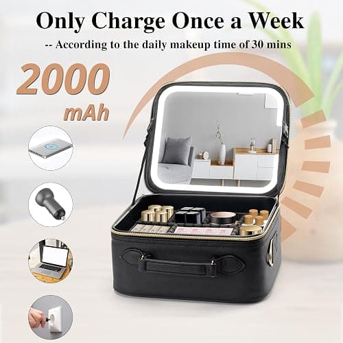 SJD Travel Makeup Bag with LED Mirror, Portable Cosmetic Case Organizer with Lighted Mirror, Waterproof Makeup Case for Cosmetic Brush Holder Storage, Black Toiletry Bag for Women Gift thumbnail 5