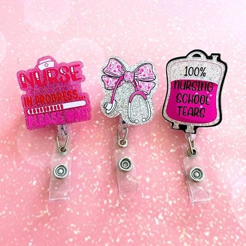 3PC Future Student Nurse Badge Reels Bundle Set Nursing School Reel Holder ID Card Name Tag Retractable Clip Pink Girly Nurses in Progress Tears Bow RN CNA MA IPN Medical Assistant Gifts Supplies thumbnail 4