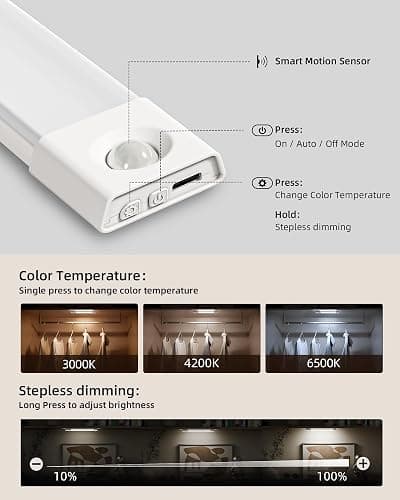 EZVALO Under Cabinet Lighting, Wireless Closet Lights, 50 LED Rechargeable Motion Sensor Light, Dimmable, 3 Color Temperatures, 11.8 inch Counter lights for Kitchen, Pantry, Bedroom, Wardrobe (3 Pack) thumbnail 4