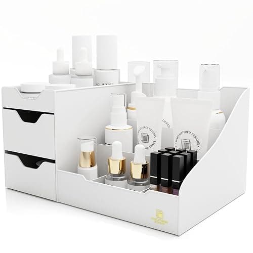 Uncluttered Designs Large Makeup Organizer for Vanity - Countertop Desk With Drawers for Cosmetic, Beauty, Hair, Nail, Perfume & Skincare - Perfect for Bathroom & Bedroom Storage (White) - Image 1