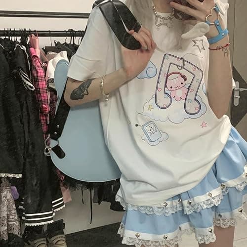 RILGOU Harajuku Pastel Kawaii Gothic Cartoon Cat Music Angel Print T-Shirt | Cutecore, Vintage Casual Style, Streetwear, Athleisure, Cotton Materials, Loose Fit, Crewneck Short Sleeve, For Daily Wear thumbnail 5