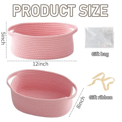 JMvicyroam Woven Basket,Small Rope Storage Bin with Handles & Ribbon Bag, Organizer for Shelves Closets,Gift Basket Empty for Birthday,Books,Dog Toys, Pink thumbnail 2