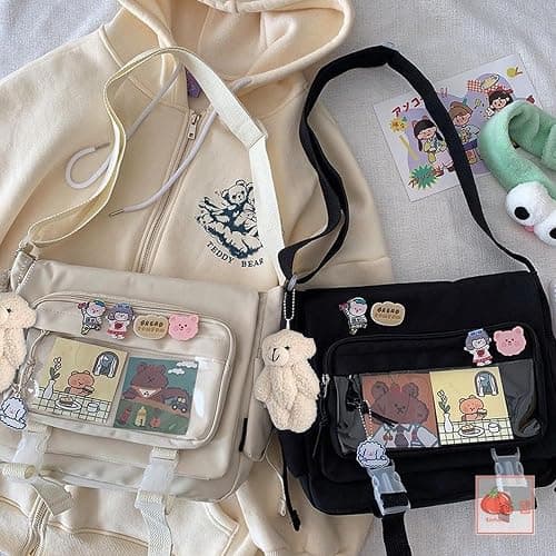 MILLEVIBE Kawaii Crossbody Ita Bag for Women with Pin & Plush Bear - Japanese Messenger Bags Y2K Shoulder Purse thumbnail 3