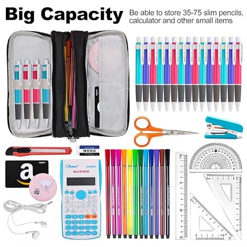 Chelory Large Capacity Pencil Case Big Pencil Bag Pouch 3 Compartment Pen Cases for Office Organizer High Storage Makeup Bag Men Women Adults, Black thumbnail 4