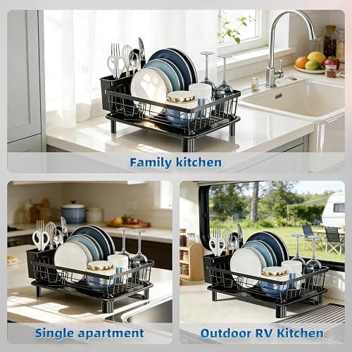 GAOKASE Dish Drying Rack, Stainless Steel Space-Saving Dish Rack, Dish Racks for Kitchen Counter, Kitchen Dish Drainers with Removable Utensil Holder,New Drain Outlet,Plate Rack and Drainboard, Black thumbnail 4
