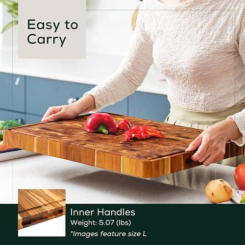 EZ FURNITURE Non-Toxic Teak Wood Cutting & Serving Board, Luxury Ideal Christmas Gift for Kitchen, Knife Friendly, Pre-Oiled End Grain with Juice Groove & Handles (L 20" x 15" x 1.5", 11.90 lbs) thumbnail 9