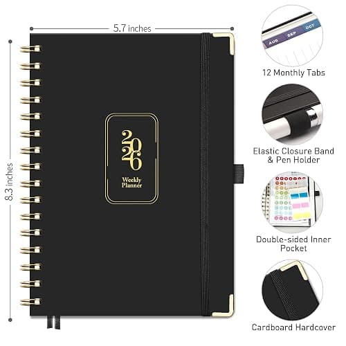 RETTACY 2026 Planner, Weekly and Monthly, Medium Size (5.7" x 8.3"), Jan - Dec 2026, Agenda, Calendar, 12 Month Tabs, Hardcover, 100 GSM Thick Paper, Spiral-bound (Black) thumbnail 8