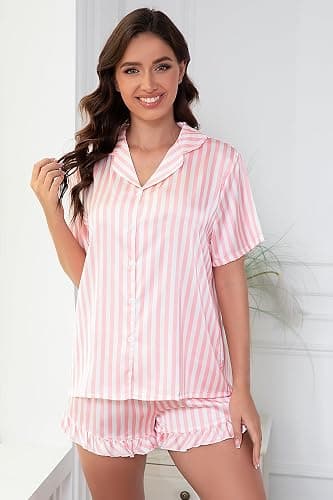 Yoohipuy Women‘s Satin Pajamas Set, Silky Soft Short Sleeve Sleepwear, Button Down Pj Set for Home, Vacation, Bridal Party thumbnail 2