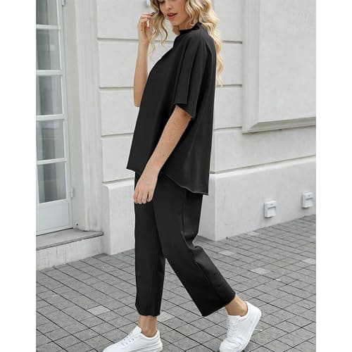 SeeLuNa Women's Two Piece Outfits 3/4 Batwing Sleeve Capelet Crew Neck Pullover Top Wide Leg Pants Lounge Set thumbnail 3