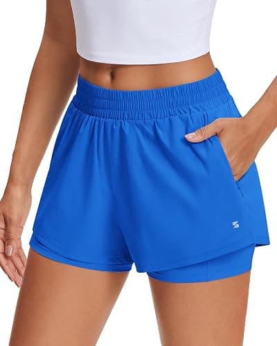 Stelle Women's 2 in 1 Running Shorts Athletic Workout Gym Shorts High Waisted Shorts with Liner Zipper Pockets - Image 1