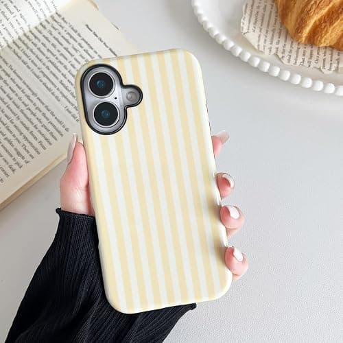 CHEDEMK Compatible with iPhone 16 Case, Cute Fashion Aesthetic Striped Pattern Cover for Women, Shockproof Soft TPU and Hard PC Protective Phone Case for iPhone 16 6.1"- Yellow thumbnail 3