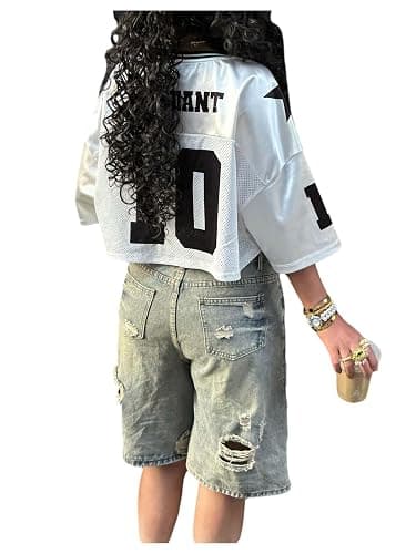 SweatyRocks Women's Number Graphic Jersey Shirts Y2k Crop Jerseys V Neck Oversized Baggy Tops Streetwear thumbnail 2