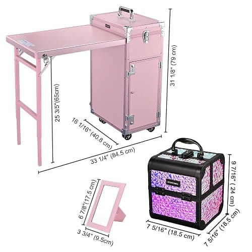 BYOOTIQUE Pink Rolling Manicure Table with Storage Protable Nail Station Kit with Makeup Train Case Cosmetic Organizer for Beauty Salon Barbershop Manicurist thumbnail 9