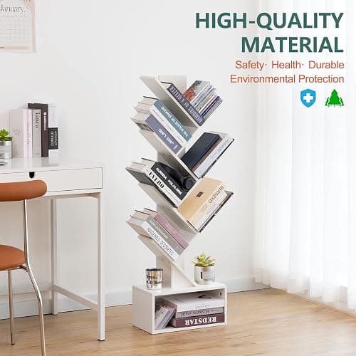 Yoobure Tree Bookshelf, 6 Tier Small Book Shelf Retro Floor Standing Bookcase, Wood Book Storage Organizer Rack, Tall Narrow Bookshelves for Corner/Bedroom/Living Room/Home Office, White thumbnail 7