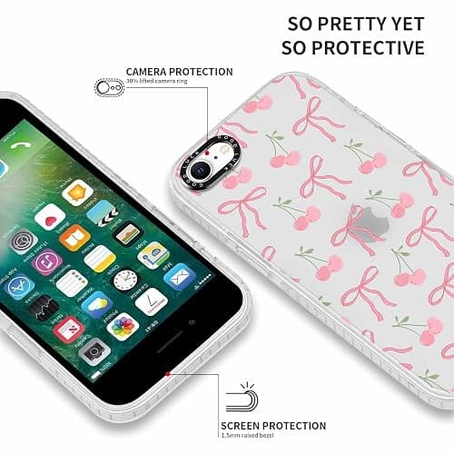 RUMDEY 2 Pack Cute Coquette Bow Phone Case for iPhone 7/8 / SE 2020/2022 4.7", Clear Aesthetic Pink Cherry Ribbon Checkered Pattern Print Design Women Girls Case Soft Shockproof TPU Funda Cover thumbnail 4