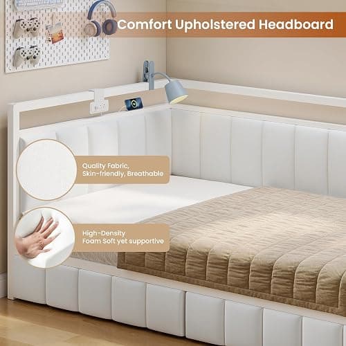 Hasuit Corner Bed Frame with Storage Drawers, Twin Daybed with Line Fabric Upholstered Fence, Kids Bed Unit with LED Light and Charging Station, Modern Bed Frame Twin Size, Beige thumbnail 9