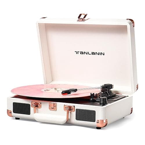Vinyl Record Player Bluetooth Vintage 3-Speed Portable Suitcase Turntables with Built-in Speakers, Belt-Driven LP Player Support USB Recording AUX-in RCA Line Out Headphone Jack, White - Image 1
