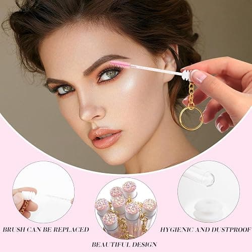 Mekupeu 20pcs Mascara Wands Set Includes Crystal Eyelash Spoolies Eyebrow Brush and Reusable Diamond Key Chain Tube Eyelash Extension Supplies (Pink) thumbnail 6