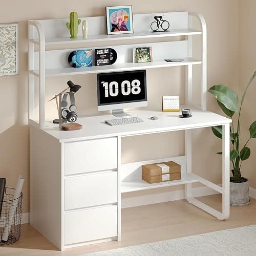 MaverickFurni White Desk with Hutch, 60 Inch Computer Desk with 3 Drawers for Bedroom, Study Writing Desk with Shelves for Small Places, Adjustable Feet thumbnail 3