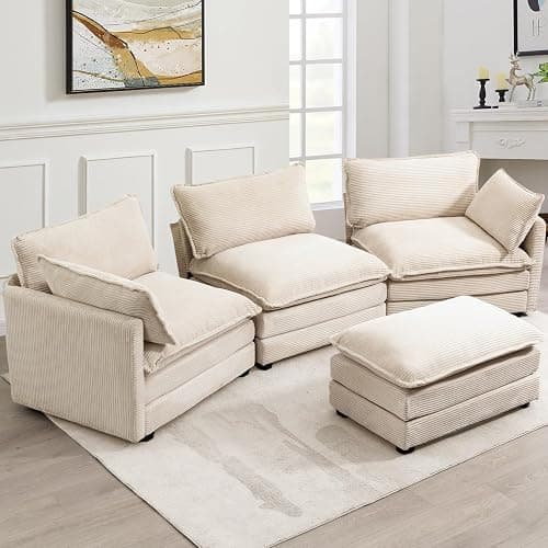 ROWHY Oversized Modular Sectional Sofa with Movable Ottoman, 112 Inch 4 Seat Modern Corduroy Sofa Set, Convertible L Shaped Couch for Living Room and Office, Beige thumbnail 3