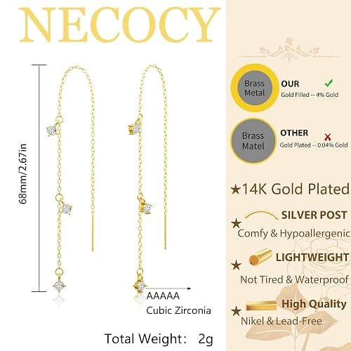 NECOCY Christmas Gift 14K Gold/Silver Plated Dangle Earrings for Women Dainty Long Hanging Chain Earrings Trendy Dangling CZ/Pearl Threader Earrings for Women Jewelry thumbnail 4