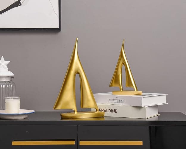 Modern Sculptures Home Decor, Gold Sailboat Decor Ornament, Boat Decorations Statue Decor, Art Sculptures and Statues, Sailboat Gifts Home Office Bathroom Shelf Decor Nautical Decor (2 Pack) thumbnail 7
