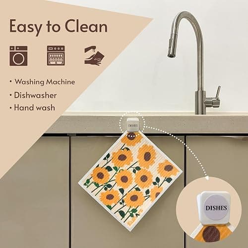 Eulnars Swedish Dishcloths for Kitchen, 8 Pack Flower Reusable Paper Towels Washable, Non-Scratch Swedish Kitchen Towels, Super Absorbent Cellulose Dish Cloths, Eco Friendly Gifts - Sunflower thumbnail 3