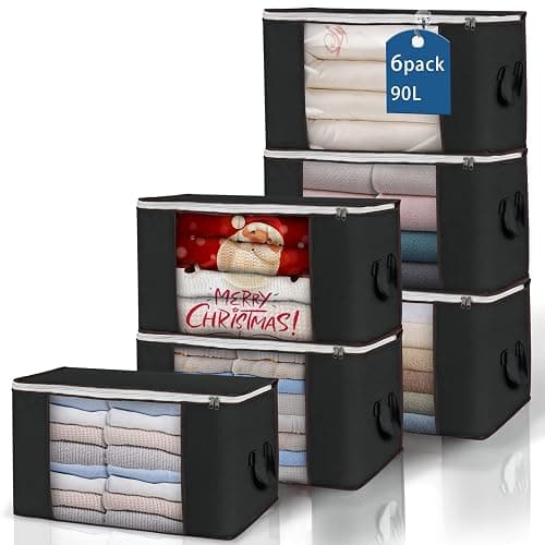 Large Storage Bags, 6 Pack Clothes Storage Bins Foldable Closet Organizers Storage Containers with Durable Handles Thick Fabric for Blanket Comforter Clothing Bedding 90 L (Black) - Black - 6 Pack - Image 1