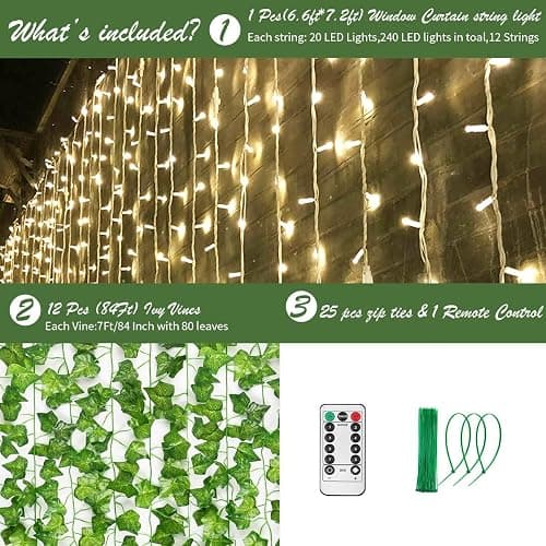 KASZOO 12 Pack Artificial Ivy Leaf Plants with 240 LED Window Curtain String Lights, Fake Plants Vine Hanging Garland, Hanging for Wall Party Wedding Room Home Kitchen Indoor & Outdoor Decoration thumbnail 2