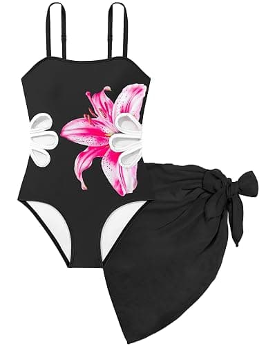 TALLWH Girls Swimsuit Adjustable Straps Cut Out One Piece Bathing Suit with Solid Color Cover Up Skirt Girls' Swimwear 5-16Y - Image 1