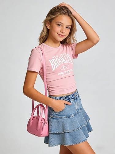 Cakaner Tween Girls Skirt Set Short Sleeve T-Shirt and Ruffle Tiered Denim Skirt Summer Casual 2 Piece Outfit Size 7-14 thumbnail 2