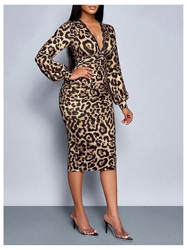 SweatyRocks Women's Long Sleeve Lace Deep V Neck Ruched Cheetah Print Bodycon Midi Dress thumbnail 2