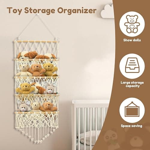 Sutowe 4-layer Versatile Plush Toy Storage Large Capacity Toy Organizer Safe Nursery Hanging Organizer Stable Stuffed Animals Holder for Kids Children Bedroom(Beige) thumbnail 5