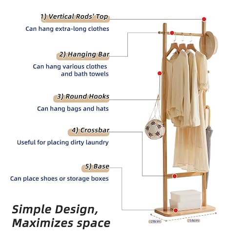Aibiju Coat Rack Freestanding, Coat Tree with 2 Main Rods and Stable Design, Clothes Racks for Hanging Coats Clothes Suits Jacket, Easy to Assemble and Very Sturdy, Natural Wood Color USYD-202 thumbnail 5