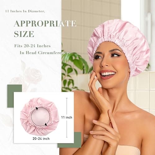 Reusable Shower Cap for Women, Large Waterproof Shower Bonnet Washable Elastic Band Bath Hair Hat for Long Hair, Braids(Pink) thumbnail 3