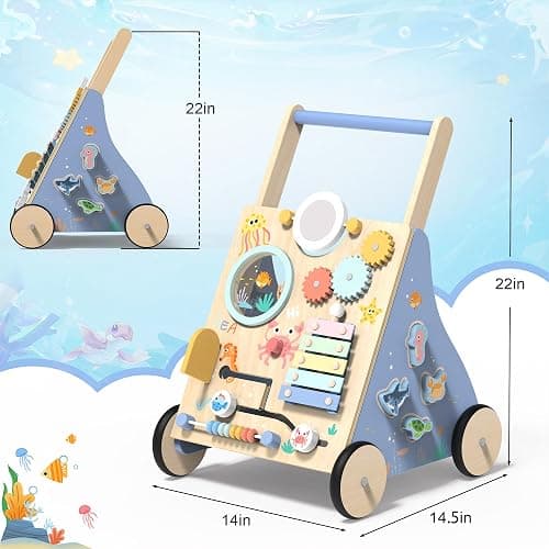 Ocean-Themed Wooden Baby Walker with Activity Center, Montessori Push Walker Toy for Babies 18 Months, Safe First Steps Baby Walking Aid for Boys & Girls thumbnail 2