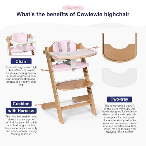 Cowiewie Natural Wooden High Chair for Babies & Toddlers 3-Tier Remove Adjustable Tray and Highchair with Cushions, Easy to Clean, Portable. (Pink) thumbnail 6