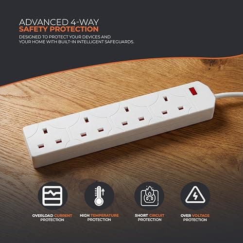 Wolf Power 4 Way Extension Lead, 2 Metre Extension Cable with UK 3 Pin Plug, Multi Socket Power Strip, Wall Mountable, Suitable for Home, Office & Appliances (White, 1 Pack) thumbnail 7