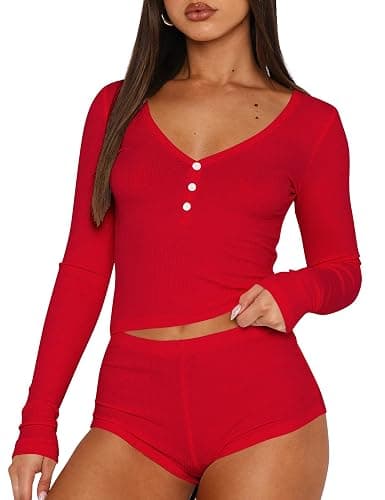 ForeFair Women 2 Piece Ribbed Knit Pajama Set Button Long Sleeve Tops and Shorts Lounge Sweatsuits Y2k Sleepwear PJ Set - Image 1