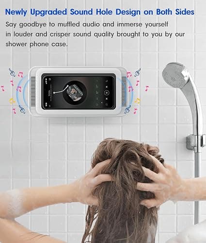 Mistriddle Waterproof Shower Phone Holder with 360° Rotation, Angle Adjustable, Enhanced Sound Quality, Wall Mounted Phone Holder for Bathroom Mirror Bathtub Kitchen, Up to 7 Inch (White) thumbnail 2