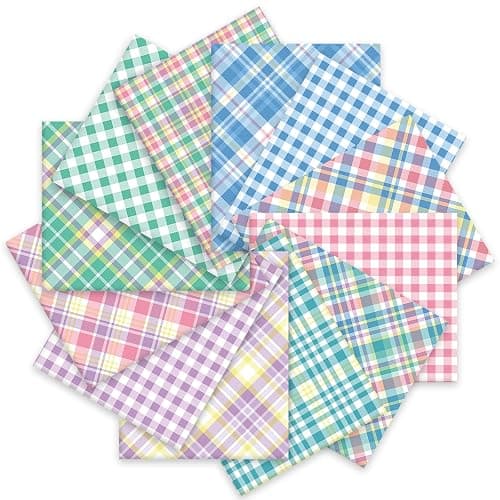 Whaline 12 Pcs Plaid Pastel Cotton Fabric Bundles 10 x 10 Inch Purple Green Pink Blue Plaid Fabric Square Buffalo Plaid Quilting Patchwork for Spring DIY Craft Home Party Decor - Image 1