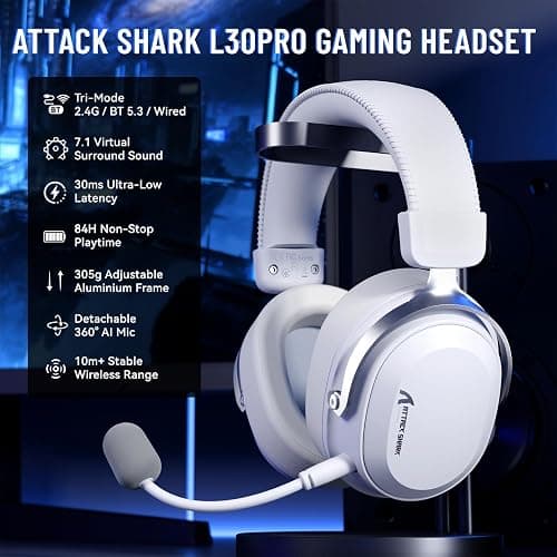 ATTACK SHARK L30PRO Wireless Gaming Headset, 7.1 Surround Sound 50mm Bio-Treiber, 3-Modus 2.4G/BT 5.3/Kabelgebundene Kopfhörer mit Abnehmbarem Mikrofon für PC/PS/Xbox/Switch, 84H Spielzeit-Weiß thumbnail 2